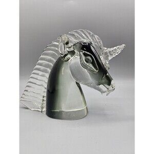Murano Art Glass Unicorn Seguso Head Smoke Black Grey Crystal Paperweight Clear